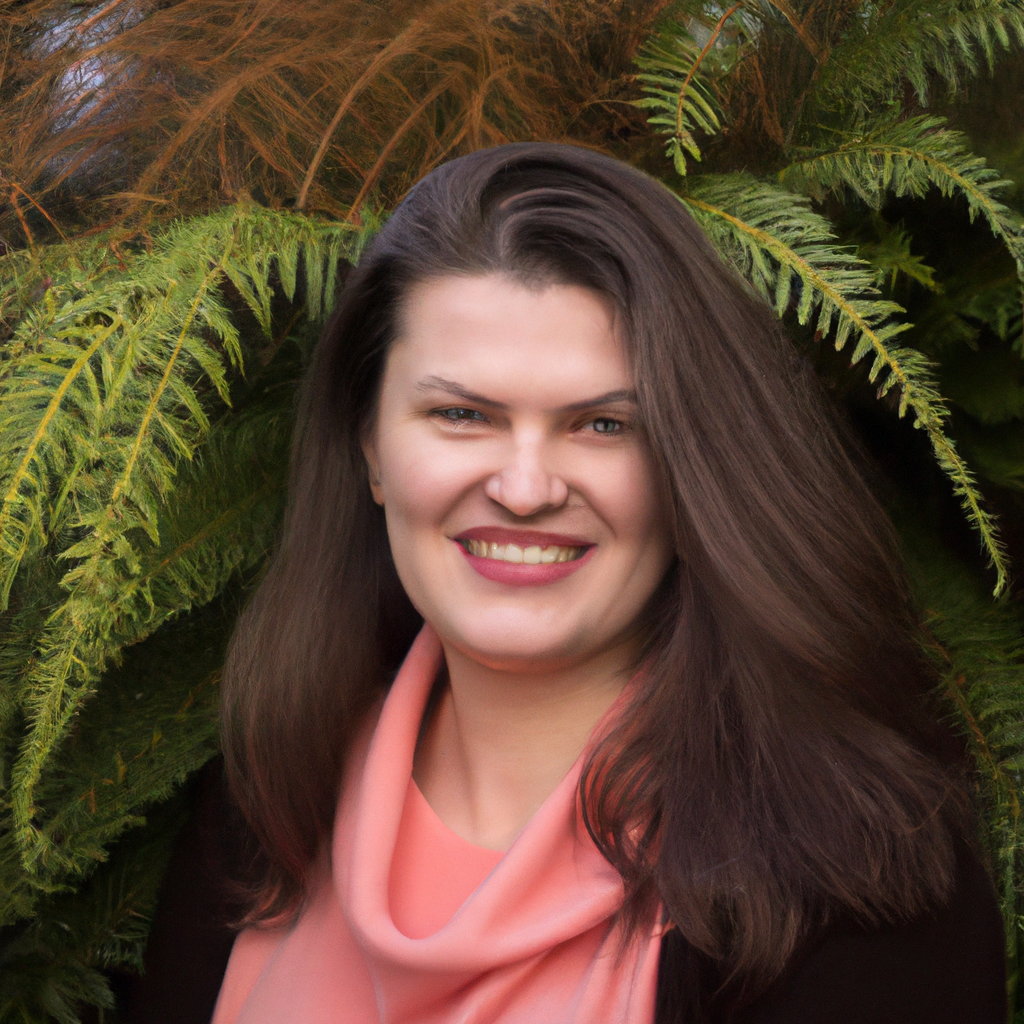 Portrait de Claire Martin, cheffe de l’atelier, lumière naturelle et fond végétal